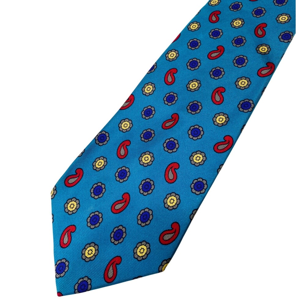 Stanley Blacker Mens Silk Necktie Turquoise Blue Paisley Floral